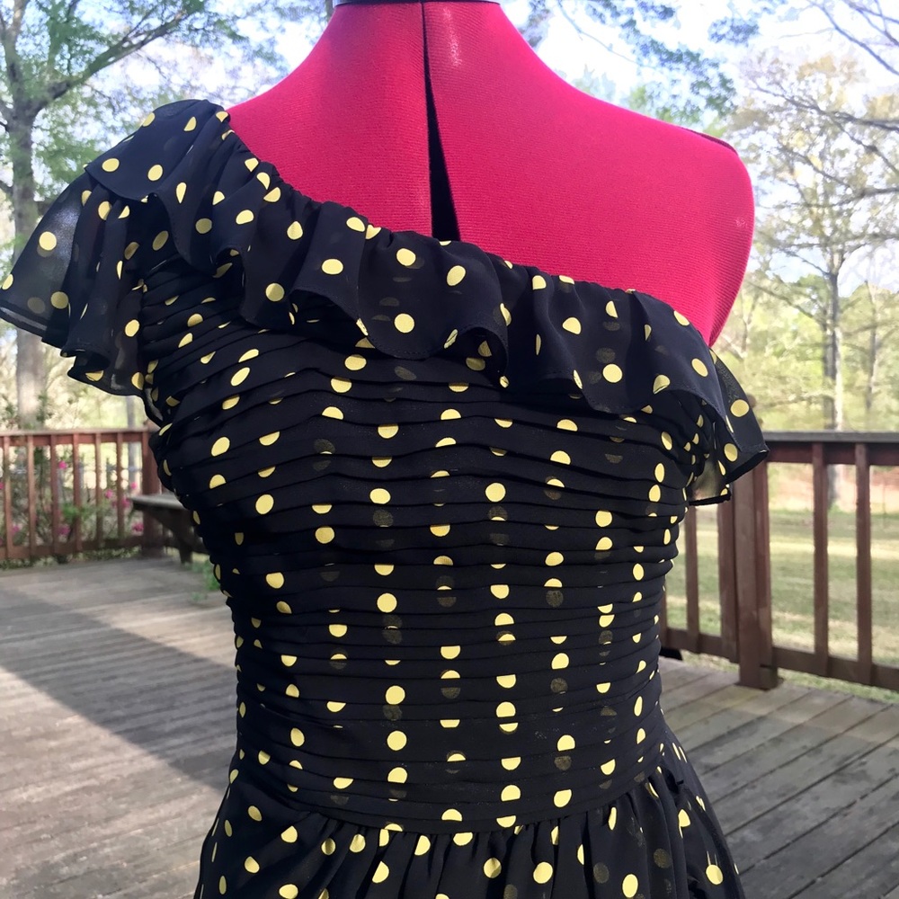 $99 black & yellow polka dot one shoulder dress